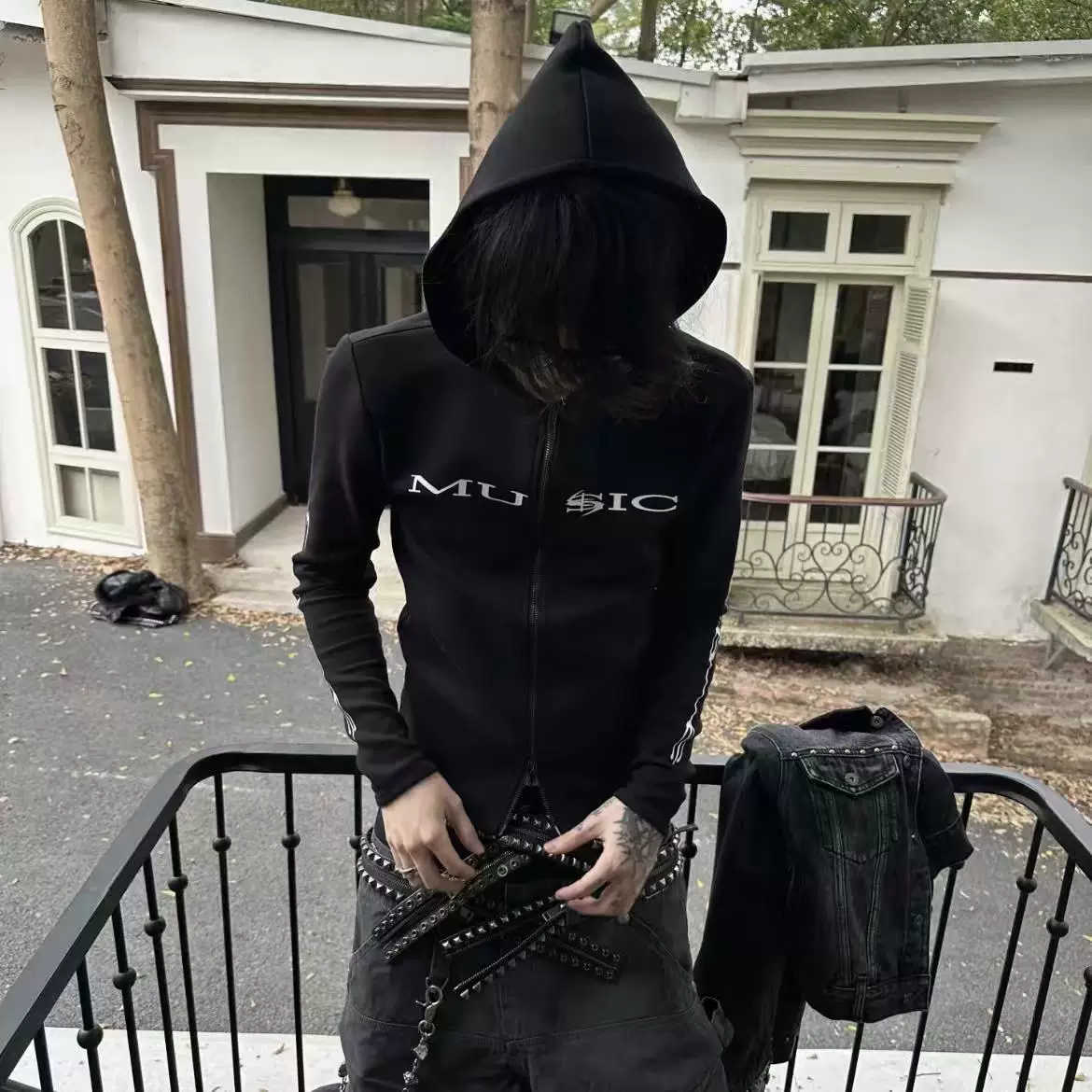 Now/Playboicarti Same Style Yvl ium Style Double Zipper Tight Hooded Knitted Sweater Jacket