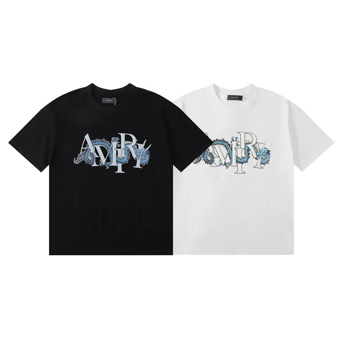25 Cross-Border New European and American Trendy Brand Amiri Dragon Print High-Quality Chinese Dragon Print Casual Short-Sleeved T-Shirts for Men and Women
