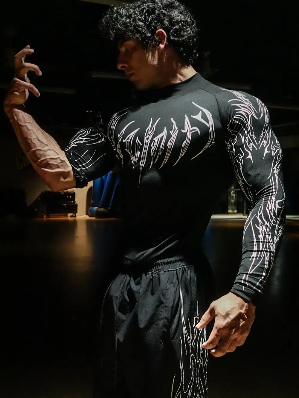 Breathedivity quick drying high elasticity tight fitting men's long sleeved small high neck trendy cool printed muscle t-shirt thin