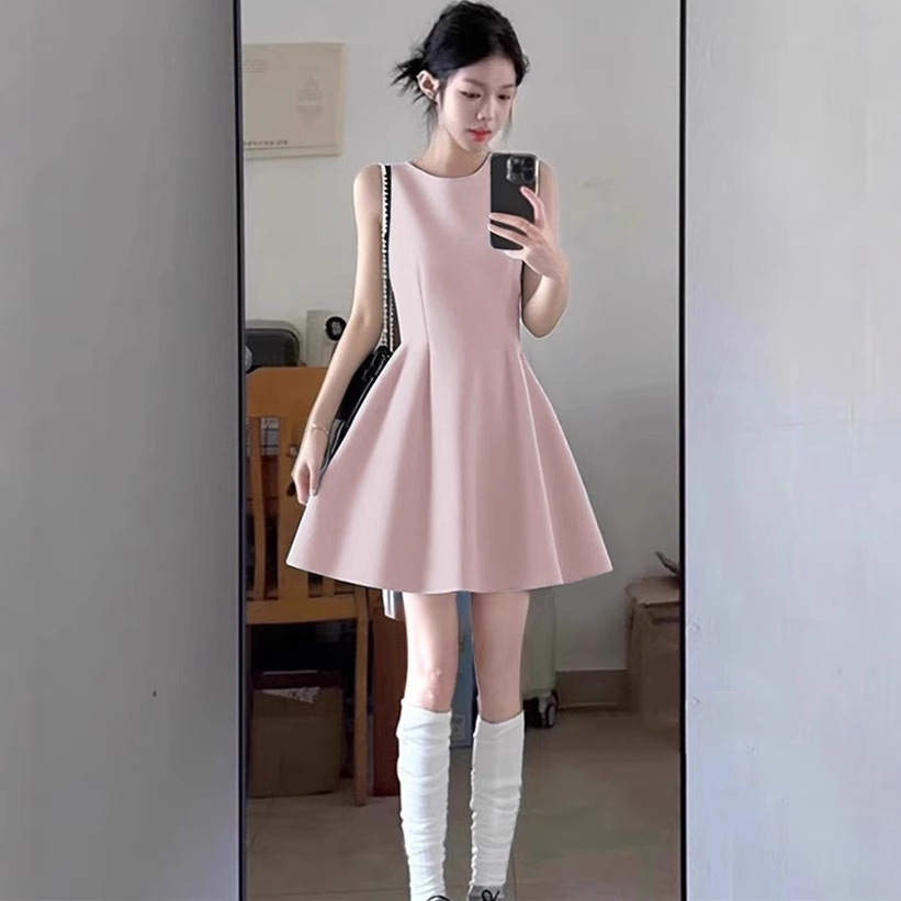 Pink Sleeveless Dress for Women in Summer, Beautiful, Pure Little Skirt, Dopamine Wear, Pinch Waist A-Line Skirt