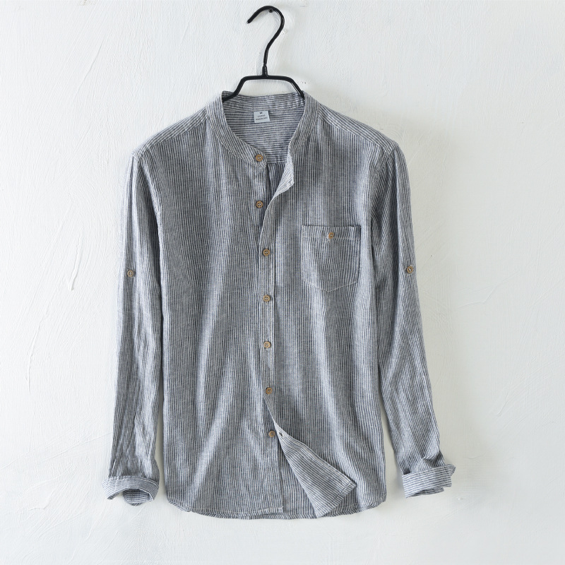 725 701 Japanese Simple Shirt Men's Casual Cotton Linen Thin Breathable Long Sleeve Solid Color Shirt Men's Hair