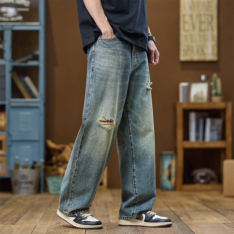 American Retro Ripped Jeans 2026 New Spring/Summer Style Loose Straight Trendy Fashion Casual Long Pants Export