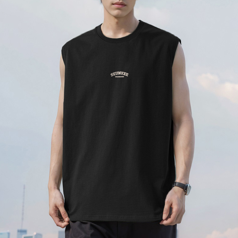 Pure Cotton Vest Men's Summer Outer Wear American Style Waistcoat Loose Fashionable Black Sleeveless T-Shirt Round Neck Cotton Cut Sleeve