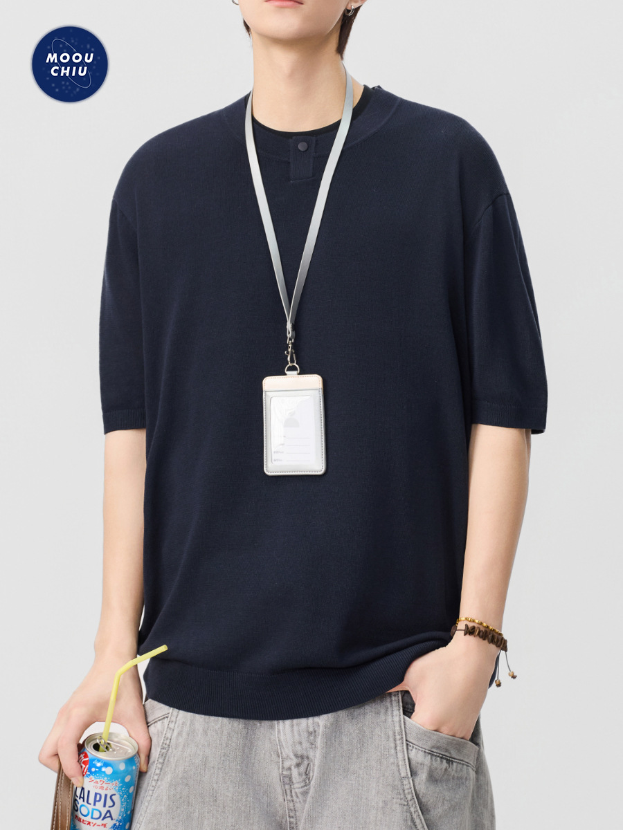 Mùqiū Men's Wear | Henry Collar Short Sleeve T-Shirt for Men, Old Money Style, Loose Fit, Casual Commuting, Knitted Base Shirt