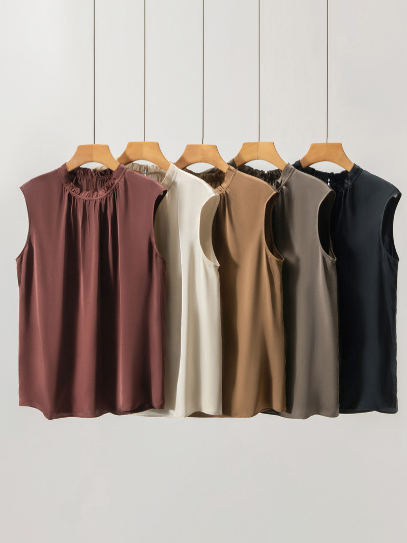 New Satin Silk Mulberry Silk T-Shirt for Women Summer Work Clothing Fungus Sleeveless Vest Top Mid-Length Fashionable