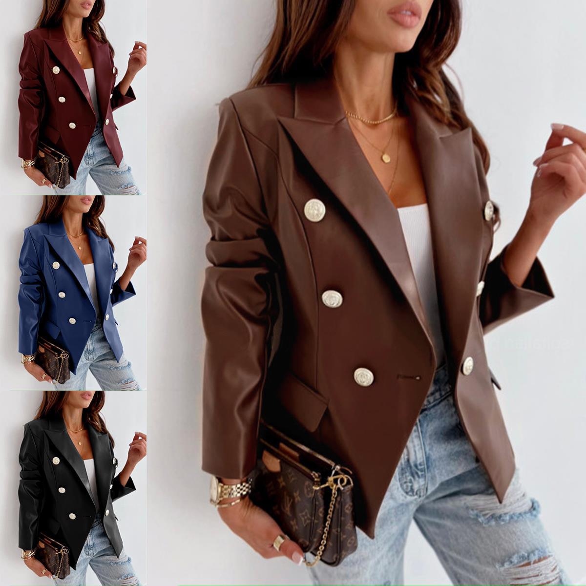 2026 Autumn New Women's Fashion Long Sleeve Double-Breasted Pu Leather Blazer Jacket for Women
