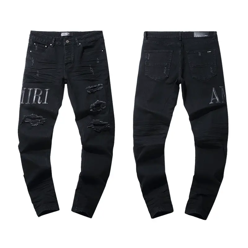 25-Year-Old Amiri Jeans with Holes and Embroidery, High-Quality Fashion Brand, Slim-Fit Casual Pants