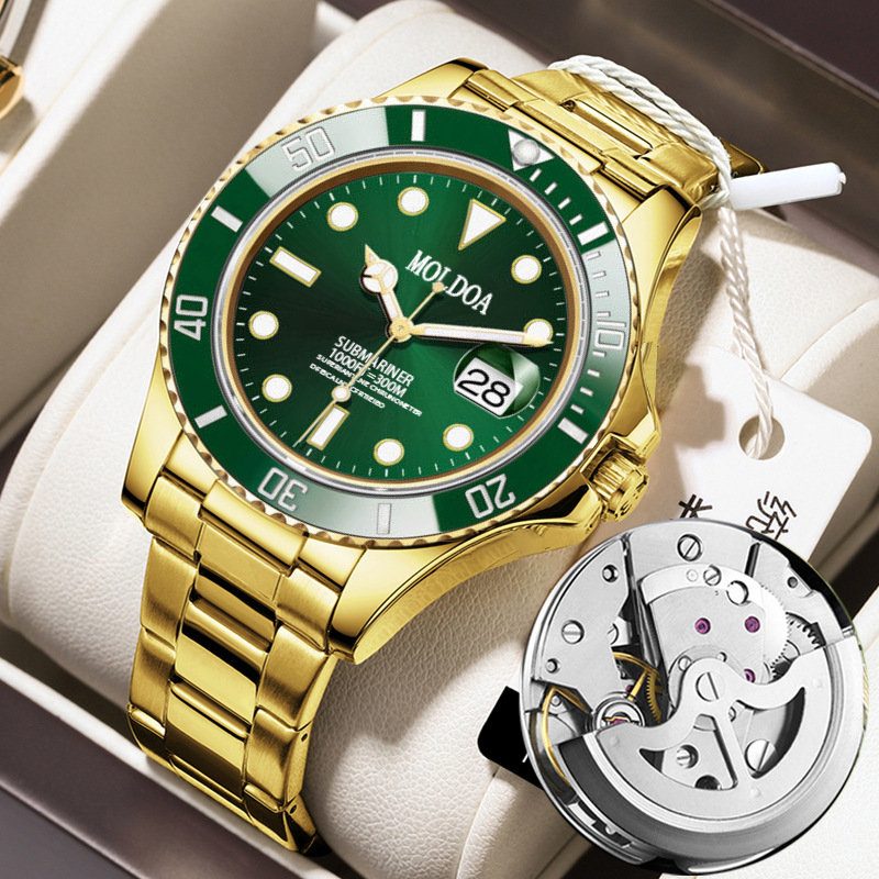 Gold green water ghost automatic fake mechanical watch men's watch men's hollow waterproof luminous TikTok fast hand one-piece delivery