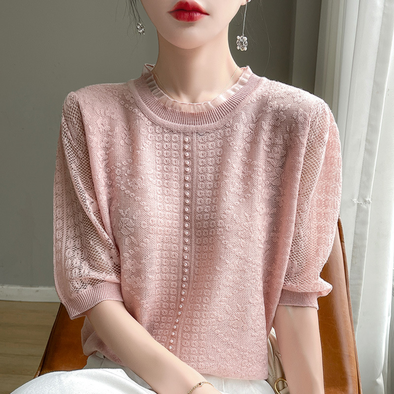 24 New Summer Style Tencel Lyocell Round Neck Knitwear Jacquard Lace Beaded Short-Sleeved Cut Out Bottoming Shirt Rice