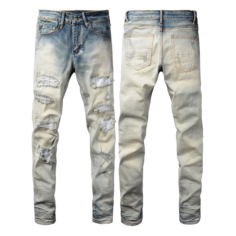 Men's Jeans Street Trend Casual American Style Ripped Patch Diamond Slim Fit Ripped Pants # 1339