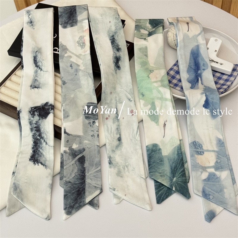New Chinese Style Ink Lotus Leaf Hair Tie Scarf Headband for Women, Retro Long Ribbon Korean Versatile Hair Rope