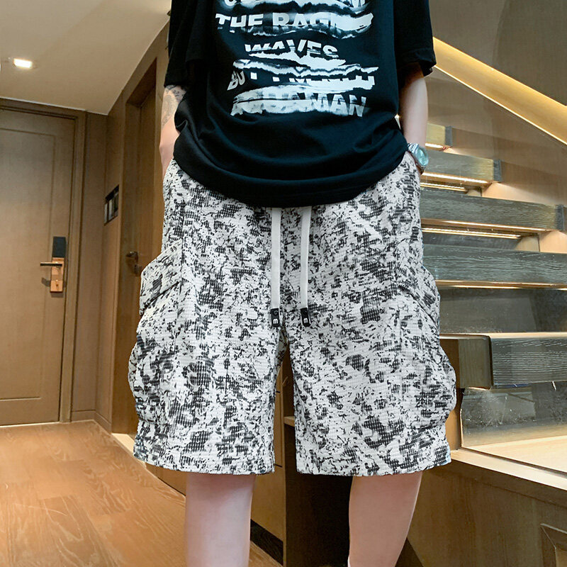 2025 new men's casual overalls trendy brand fashion personality tie-dye multi-pocket men's five-length pants pants