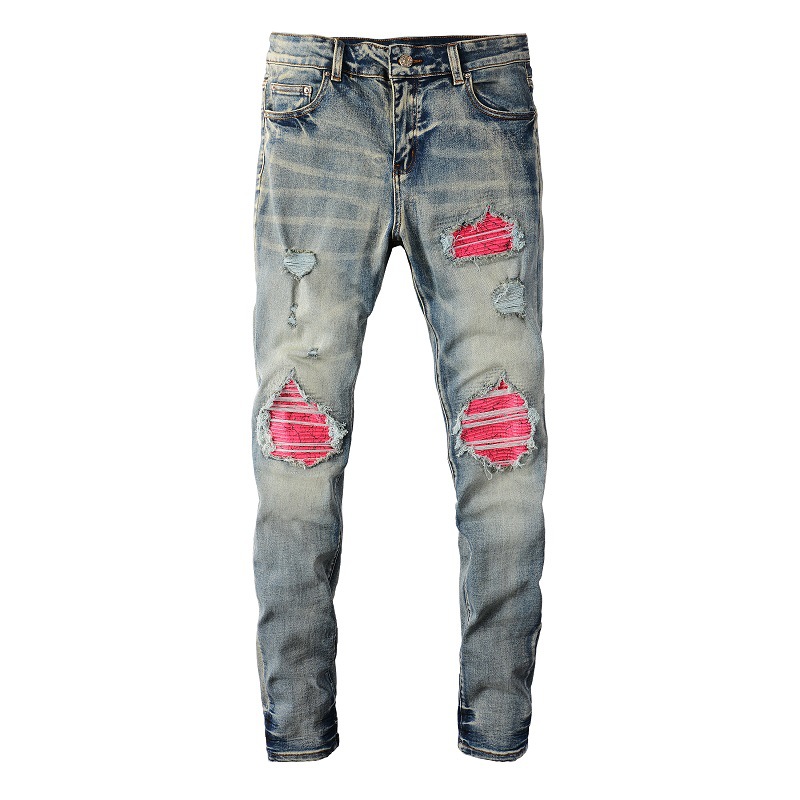 High Street Jeans Custom-Made American Fashion Brand Ripped with Pu Leather Patches Vintage Stretch Slim Straight Leg 6806