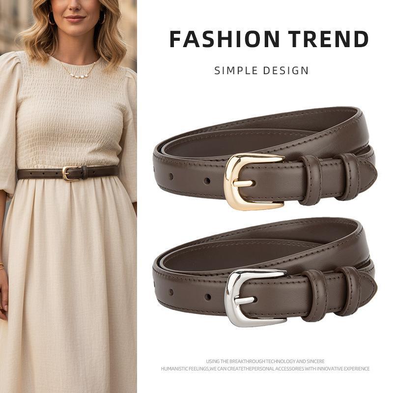 Korean Style Genuine Leather Thin Belt with Metal Pin Buckle Design, Suitable for Dresses, Suits, Jeans, Classic Versatile Belt Accessory for Women