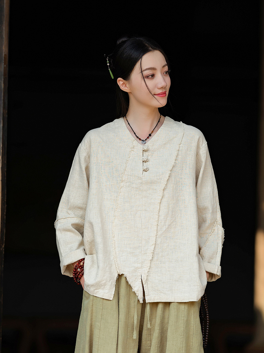 26 Spring New Original Cotton and Linen Women's Clothing Retro V-Neck Niche Sand-Washed Frayed Edge Top Women's Unique Irregular T-Shirt