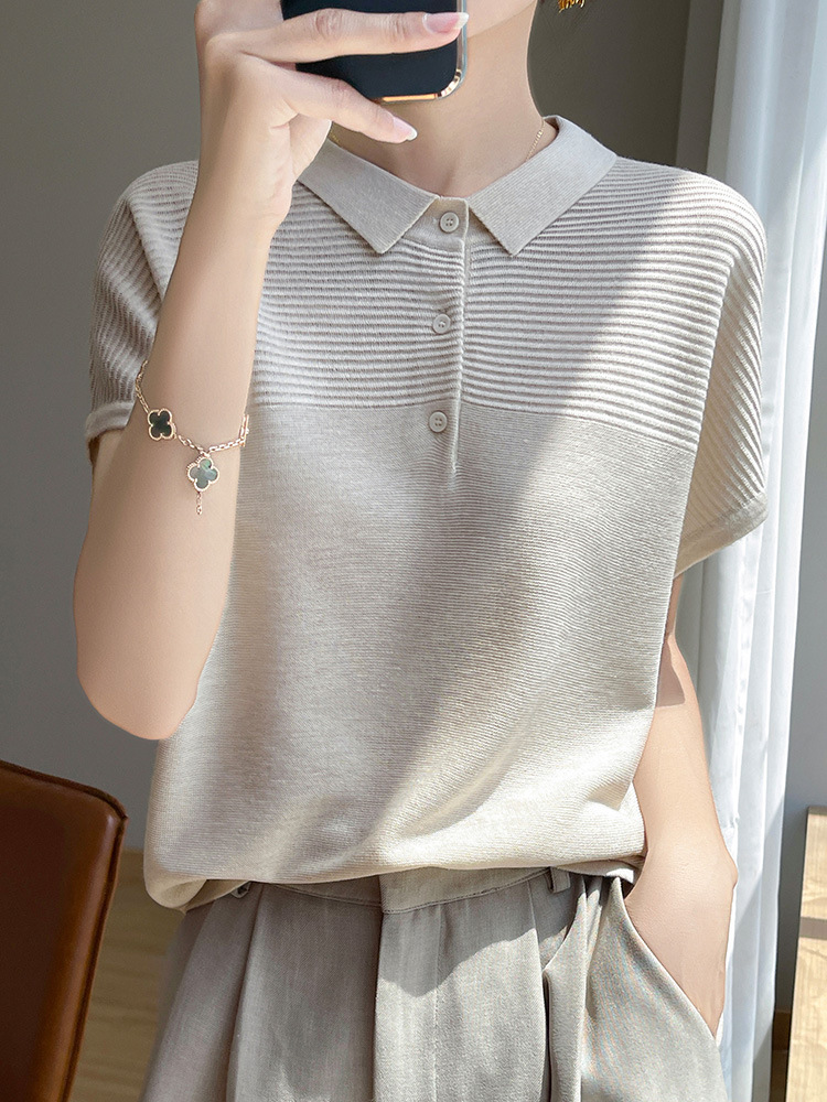 French POLO Collar Pure Desire Knitted Short-sleeved T-shirt Women's Lapel Shirt Button High-end Design Chic Top T-shirt