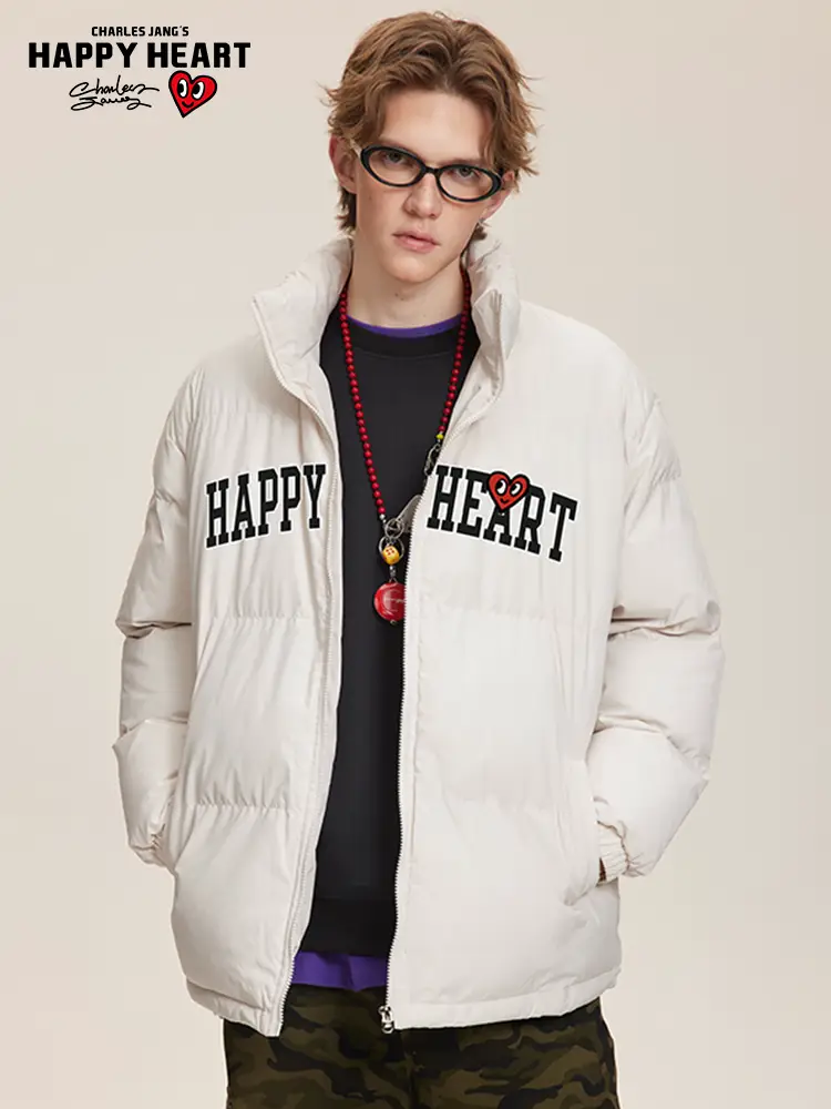 Charles Heart American Curved letter Print Short Down jacket Men's 2025 Winter Sports Stand Collar Outwear