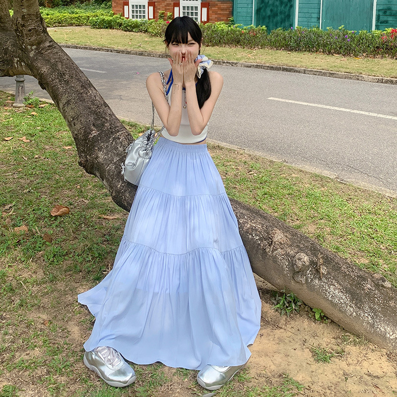 2024 New Summer Style 3-color Sweet French Gentle and Elegant Half-length A-line Skirt French Pleated Skirt with Large Hem Skirt