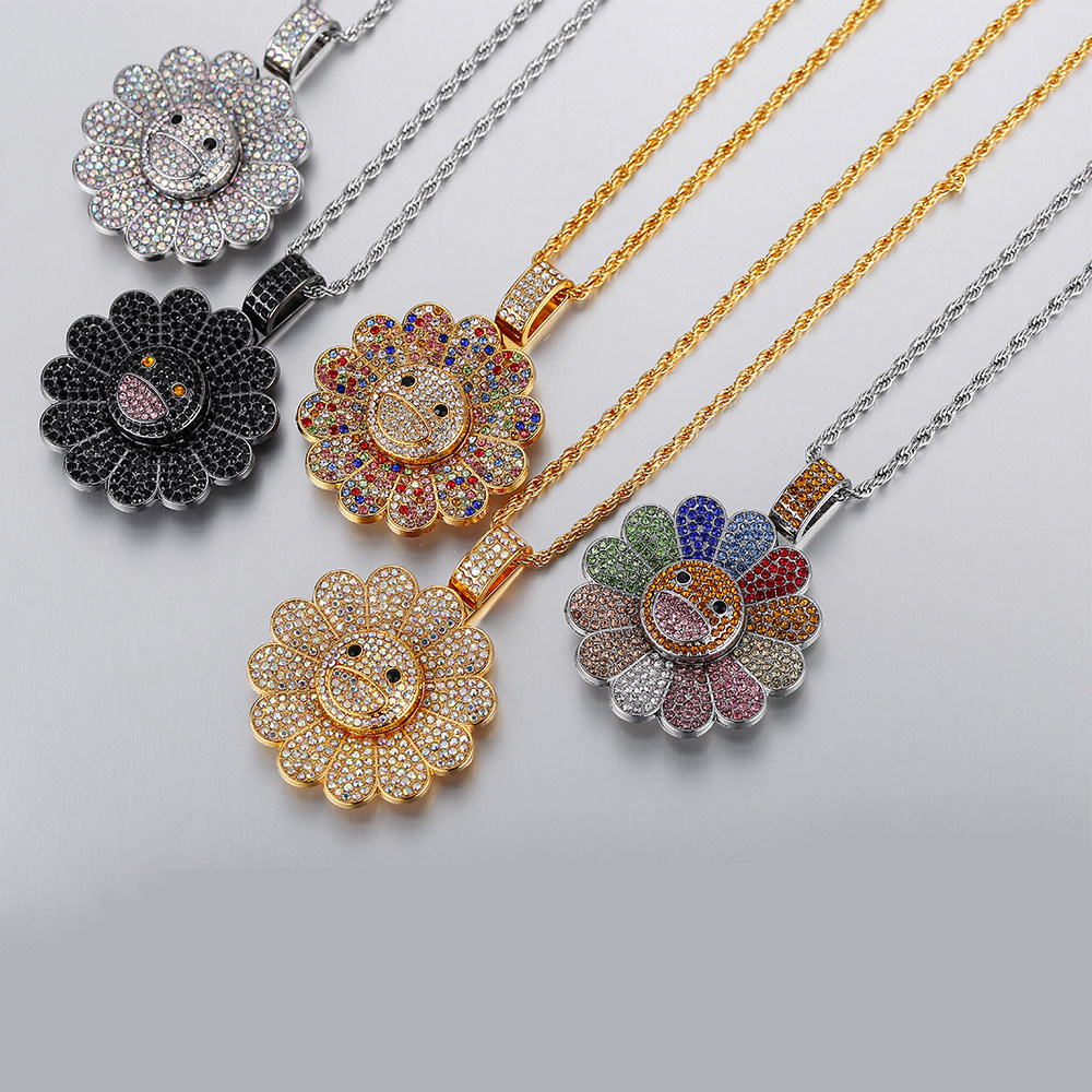 Tiktok Takashi Murakami Sunflower Necklace Rotating Diamond-Encrusted Unisex Internet Celebrity Pendant Couple Accessories Hip-Hop Versatile Trendy Brand Foto QC de TAOBAO na Qualit.ly
