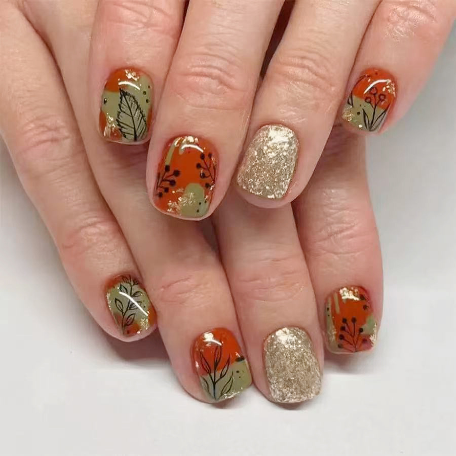 Short Glossy Square Nails Autumn and Winter Red Brown Gentle Fallen Leaves Glitter Press-On Wearable Nails for Women European and American 24 Pieces
