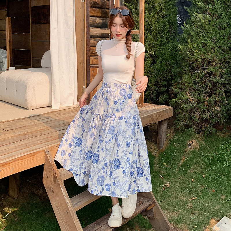 Blue and White Porcelain Skirt Women's Summer New Style Retro High-Waisted Small A-Line New Chinoiserie Floral Long Skirt