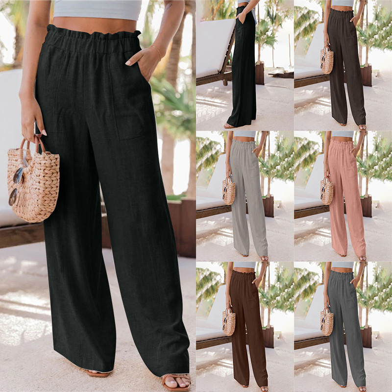 2023 New Summer Women's Clothing Amazon Wish European and American Casual Pants Fashion Ruffled Patch Pocket Wide Leg Pants Women's Pants