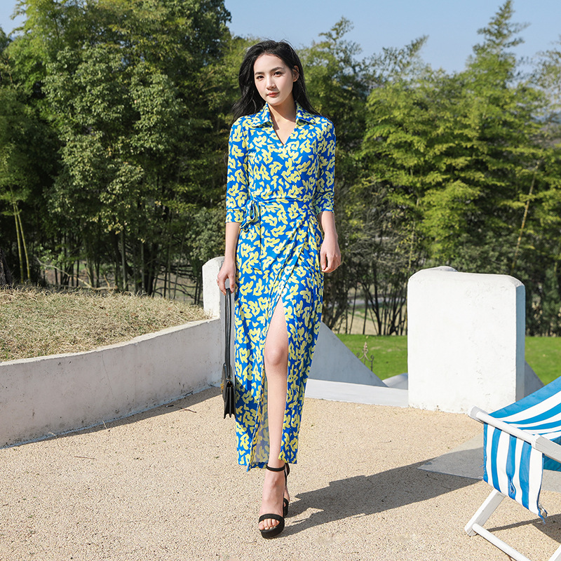 Spring and Summer New Warm Blue Water Ripple Printed Wrap Dress Knitted Stretch Slim-Fit Figure Belt Dress