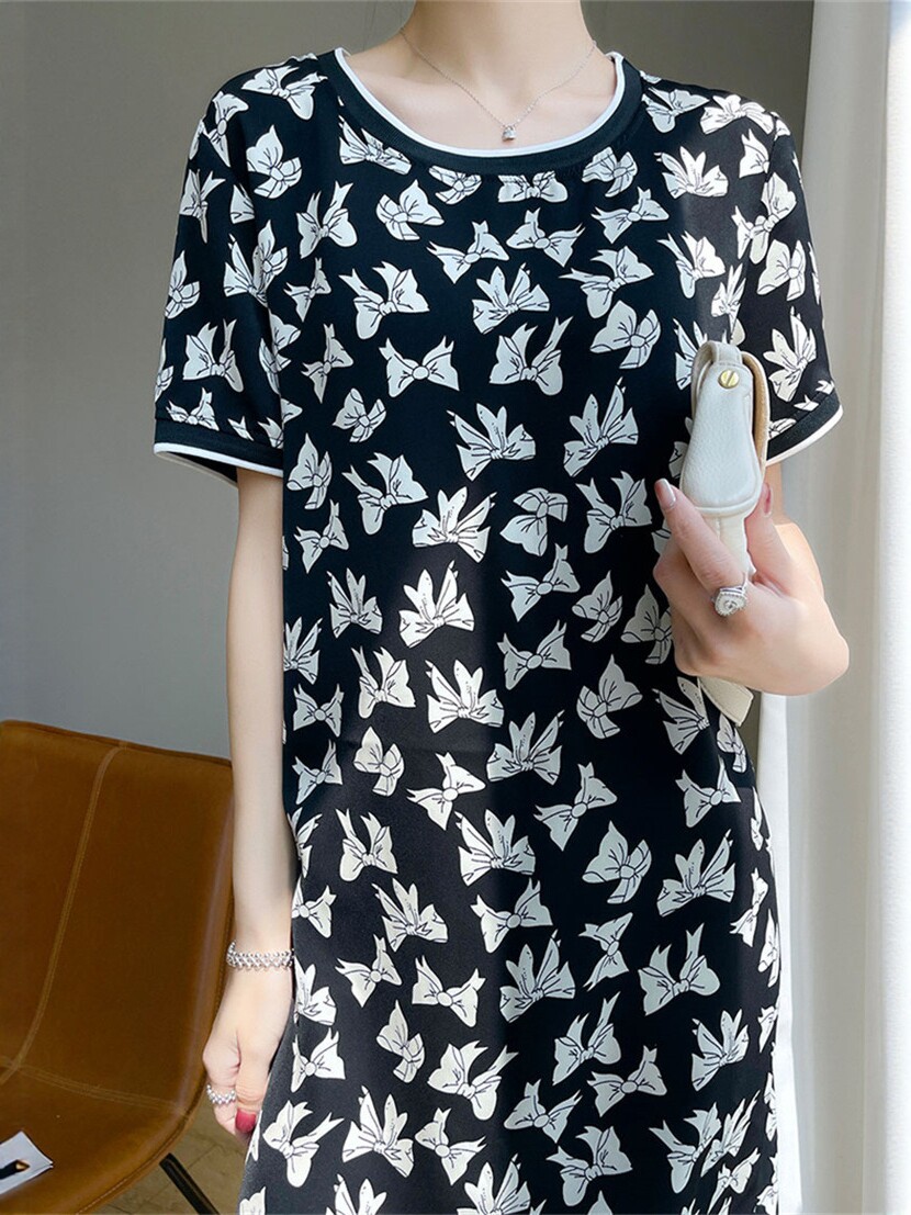 Summer New Style Bow-Knot Floral Dress for Women, Loose Short-Sleeved, Round-Neck, Casual, Versatile, Mid-Length, Fashionable and Elegant