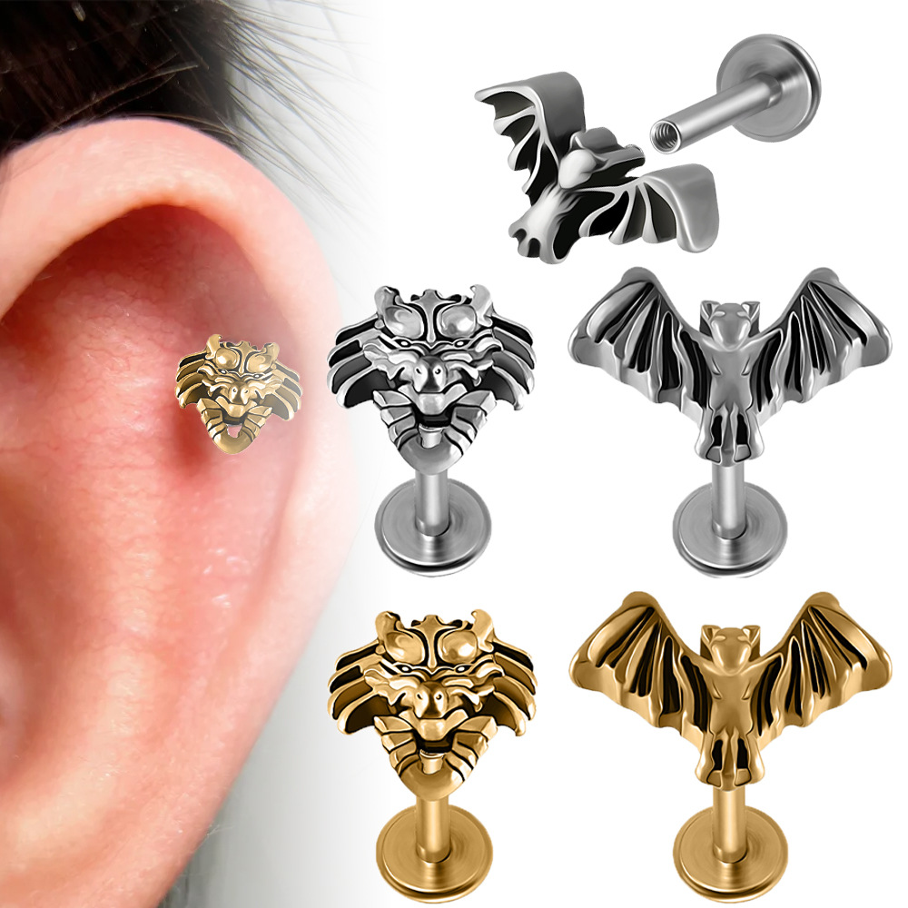 Cross-Border Stainless Steel Internally Threaded Electroplated Lip Ring Bat Faucet Internally Threaded Earrings Piercing Straight Rod T-Shaped Earrings