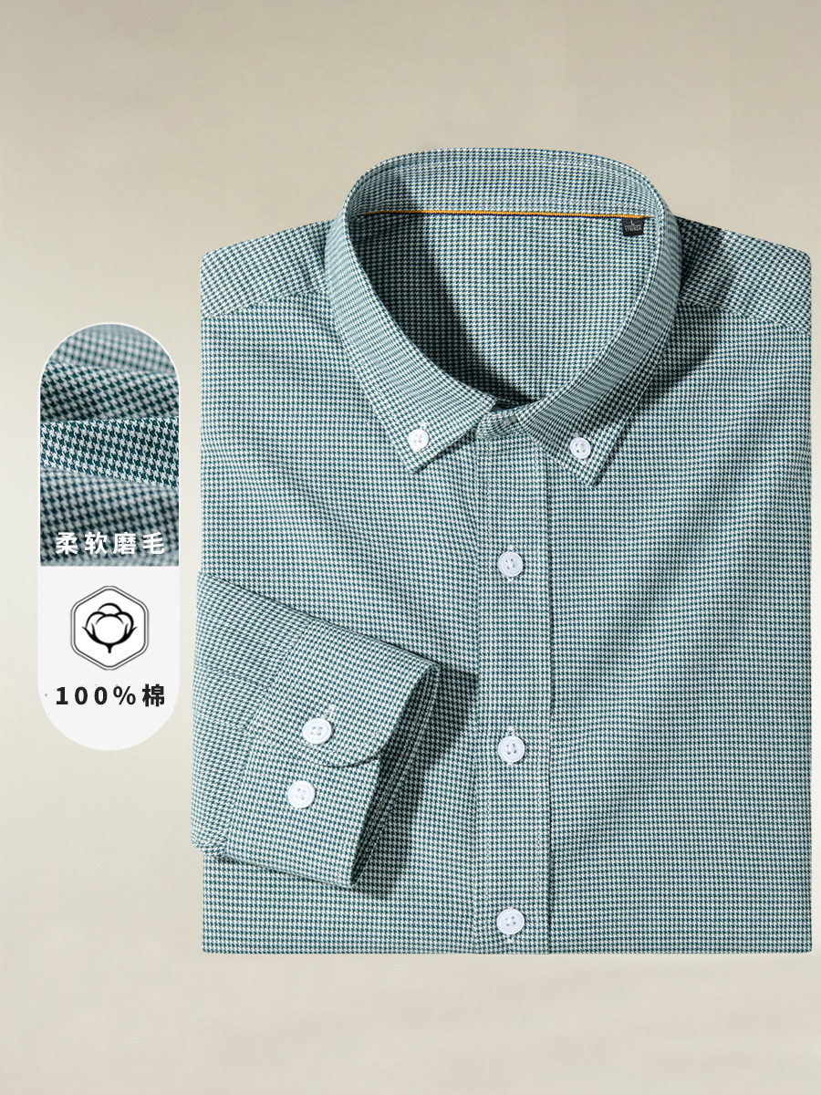 New cotton sanding houndstooth Oxford long sleeve shirt men's business casual wrinkle shirt a generation of hair