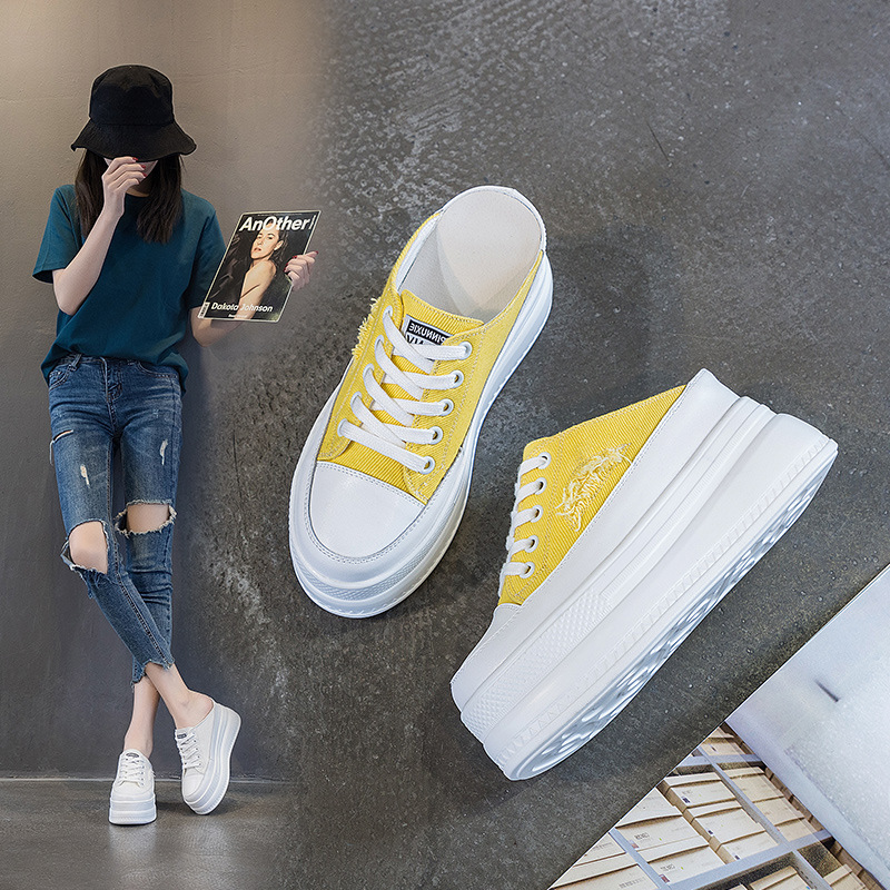 Heelless Half Slippers Women's Top-covered Outer Wear Platform Platform Inner Height Increasing Canvas Shoes Women's Trendy ins Wenzhou Women's Shoes