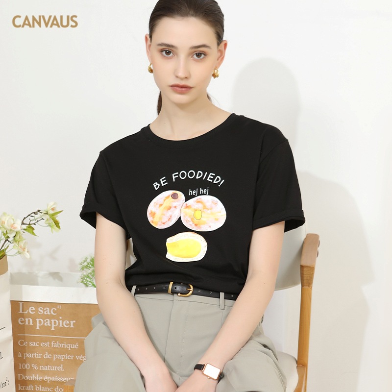 CANVAUS Short-sleeved T-shirt Women's Spring and Summer Printed Cartoon Base Shirt Round Neck Hong Kong Flavor chic Outer Wear Loose Top