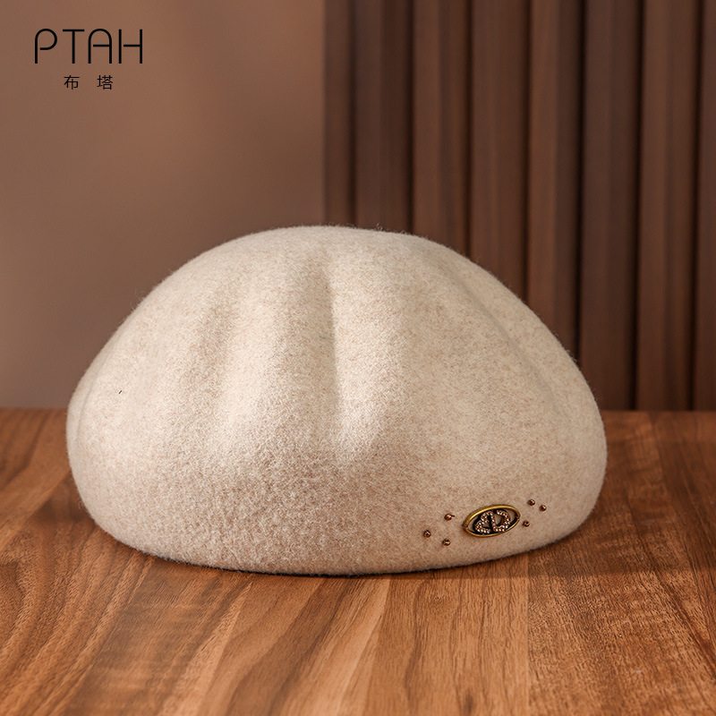 Buta Autumn and Winter Hat Women's Beret Pure Wool Felt Hat Octagonal Shaped Hat Fashionable Versatile Felt Hat Pt1390