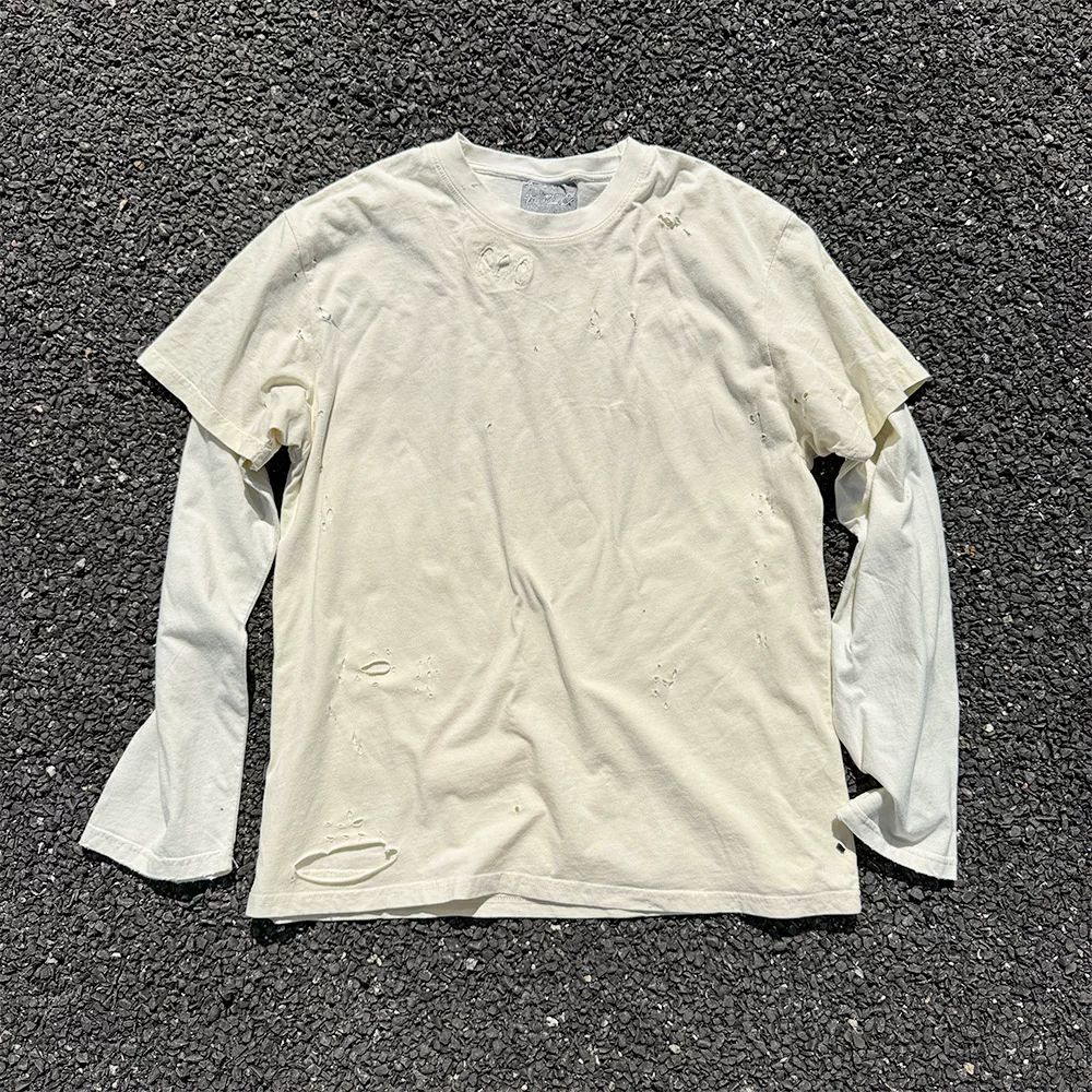 Wang Youbing Studio recommends two pieces of trendy couple's oversized loose college long sleeved T-shirt with holes