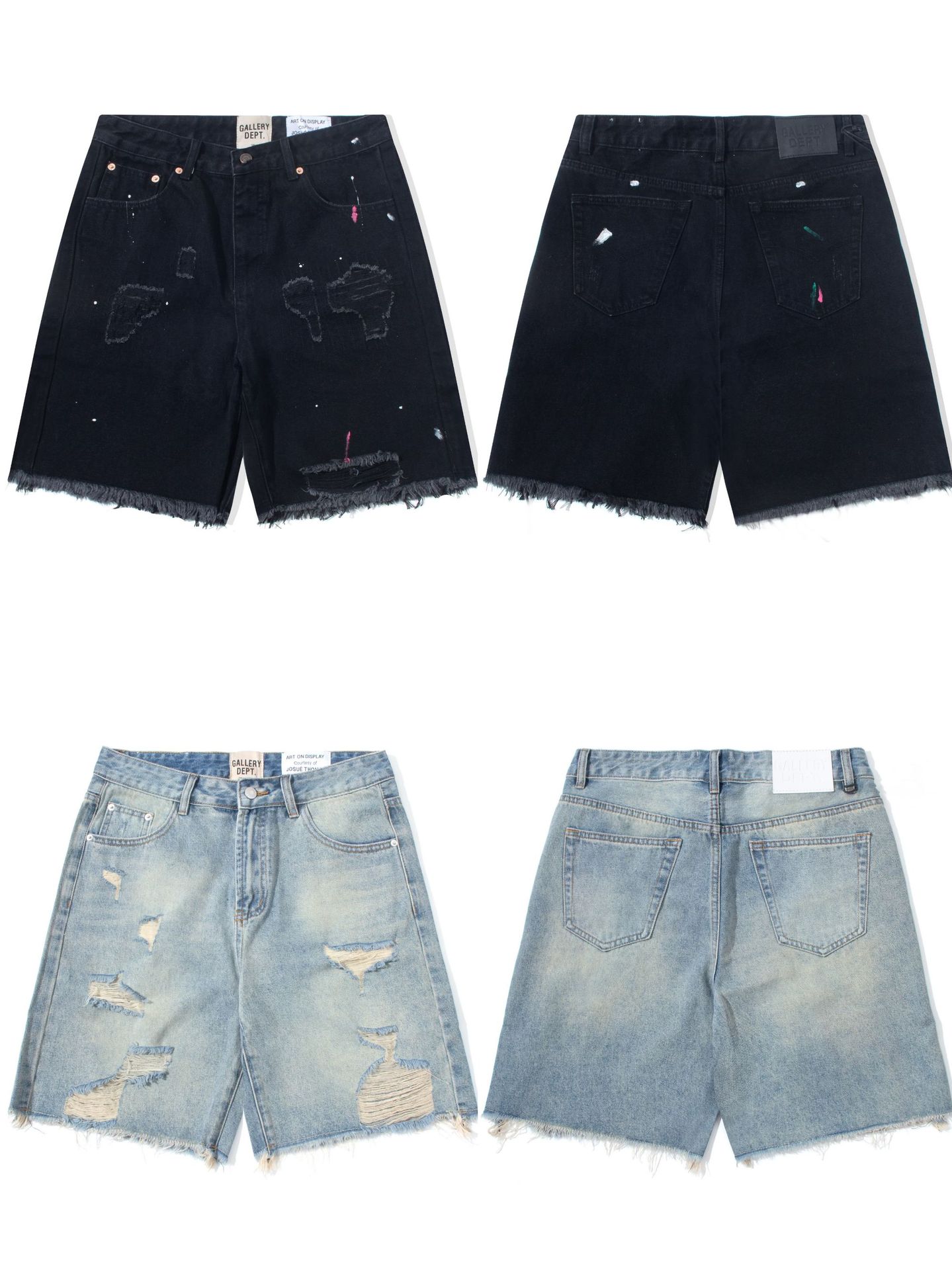 Gallery Dept Splash-Ink Ripped Knife-Cut Distressed Denim Shorts Washed Retro High Street Casual Pants for Men and Women