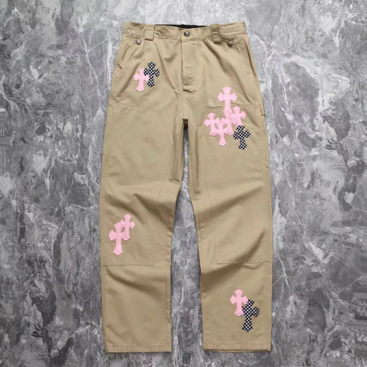25Zigu Desertplants Khaki Gingham Cross Color Matching Denim pants Skinny Jeans Pants for Men and Women