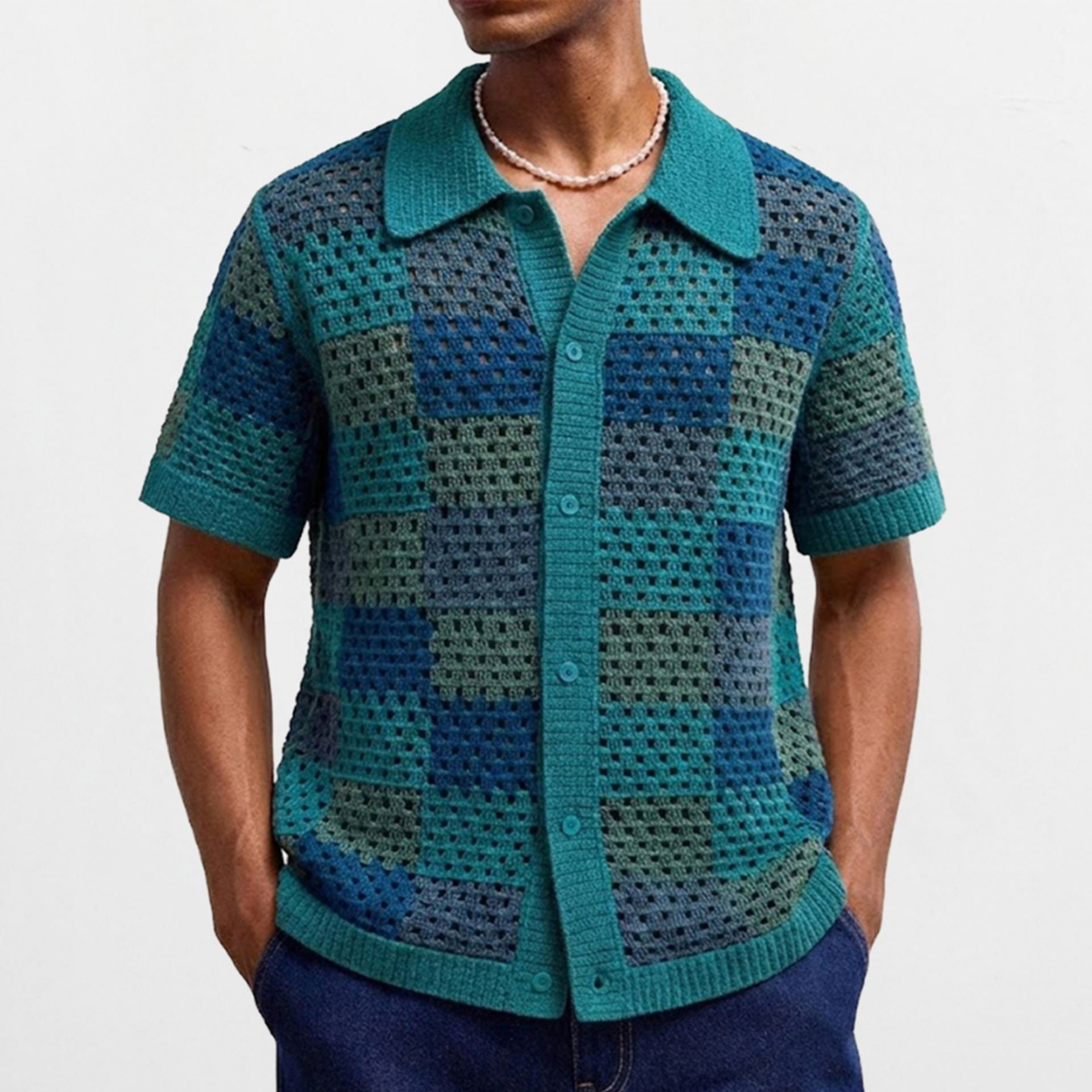 Checkerboard Pattern Crochet Hollow-Out Knit Shirt with Turn-Down Collar, Short-Sleeve Vacation Style Cardigan Polo Shirt, Cross-Border Men's Clothing Sy0126