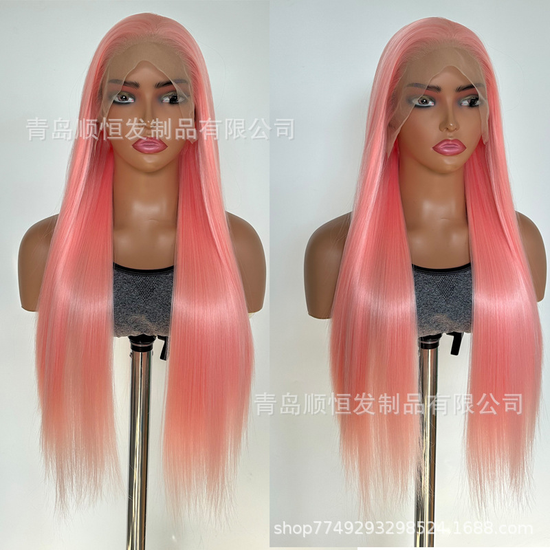 Pink Wig for Foreign Trade, Lolita Long Straight Hair, Anime Cosplay, Realistic Hand-Crocheted Front Lace, Matte High-Temperature Fiber, Full Head