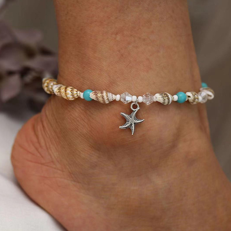 European and American cross-border AliExpress wish hot sale conch anklet rice beads Pearl Crystal Ocean starfish anklet for women