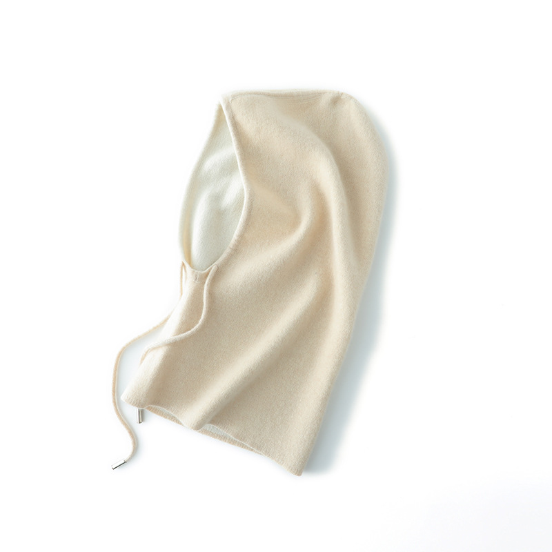 New Autumn and Winter Pure Cashmere Unisex Hat with Thickened Neck Cover, Integrated Drawstring Hood, Color-Blocking, Warm Pullover Hat