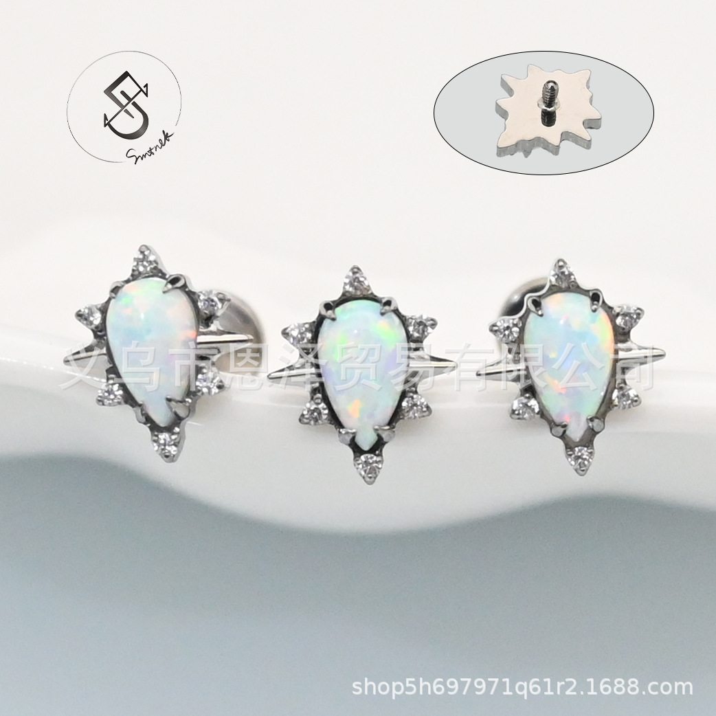 F136 Titanium Alloy Six-Pointed Sun Star Opal Water Drop Tear Earrings Ear Bone Studs Internal Thread Lip Studs Piercing Ear Jewelry