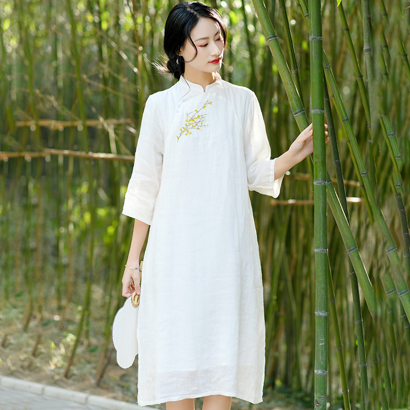 New Chinese cotton and linen women's clothing 2023 new retro dress summer temperament national style ramie white fairy skirt wholesale