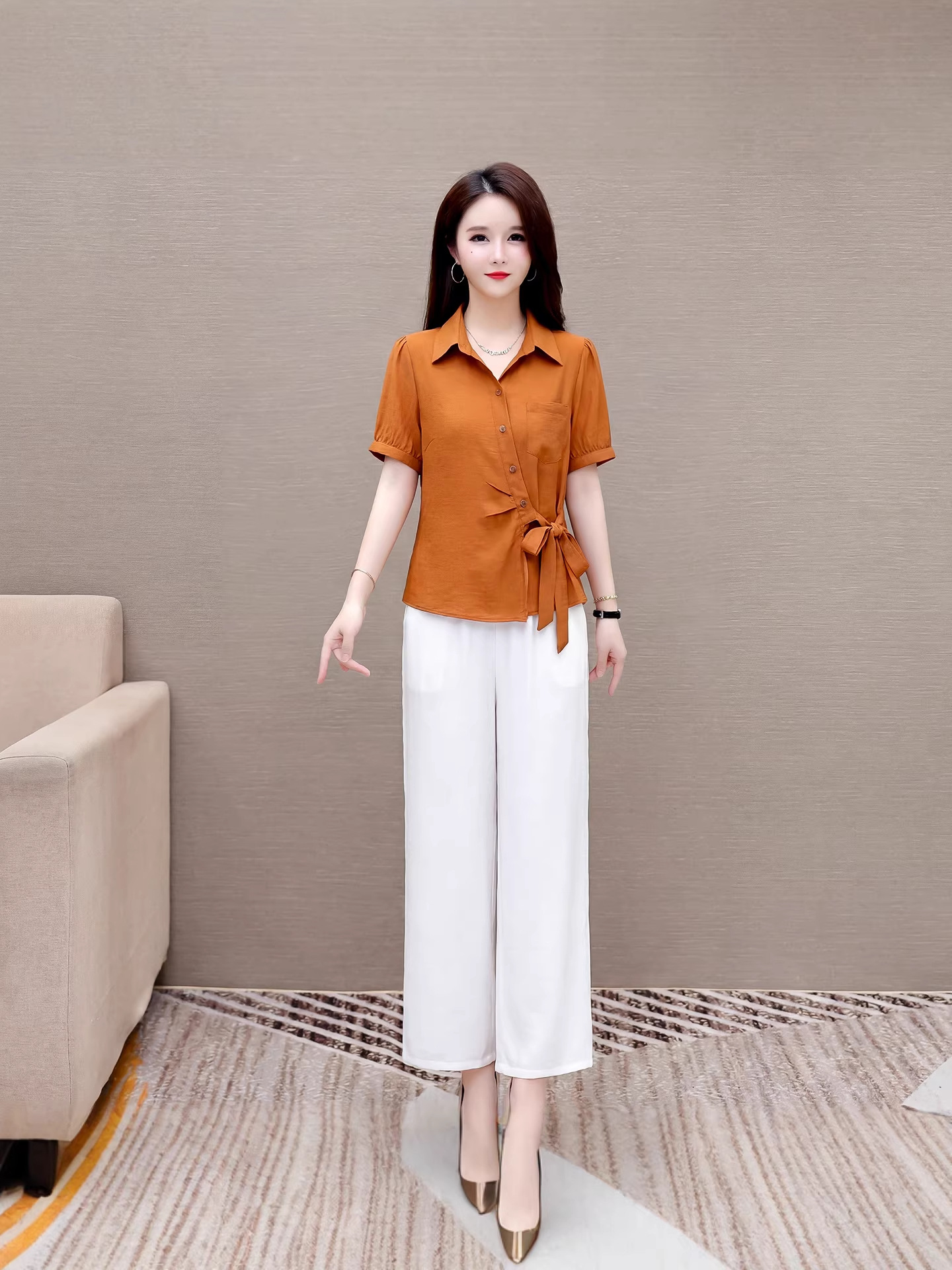 Fashionable Outfit for Petite Women, 2026 Summer New Korean Style Slim-Fit Chic French-Style Shirt and Pants Two-Piece Set