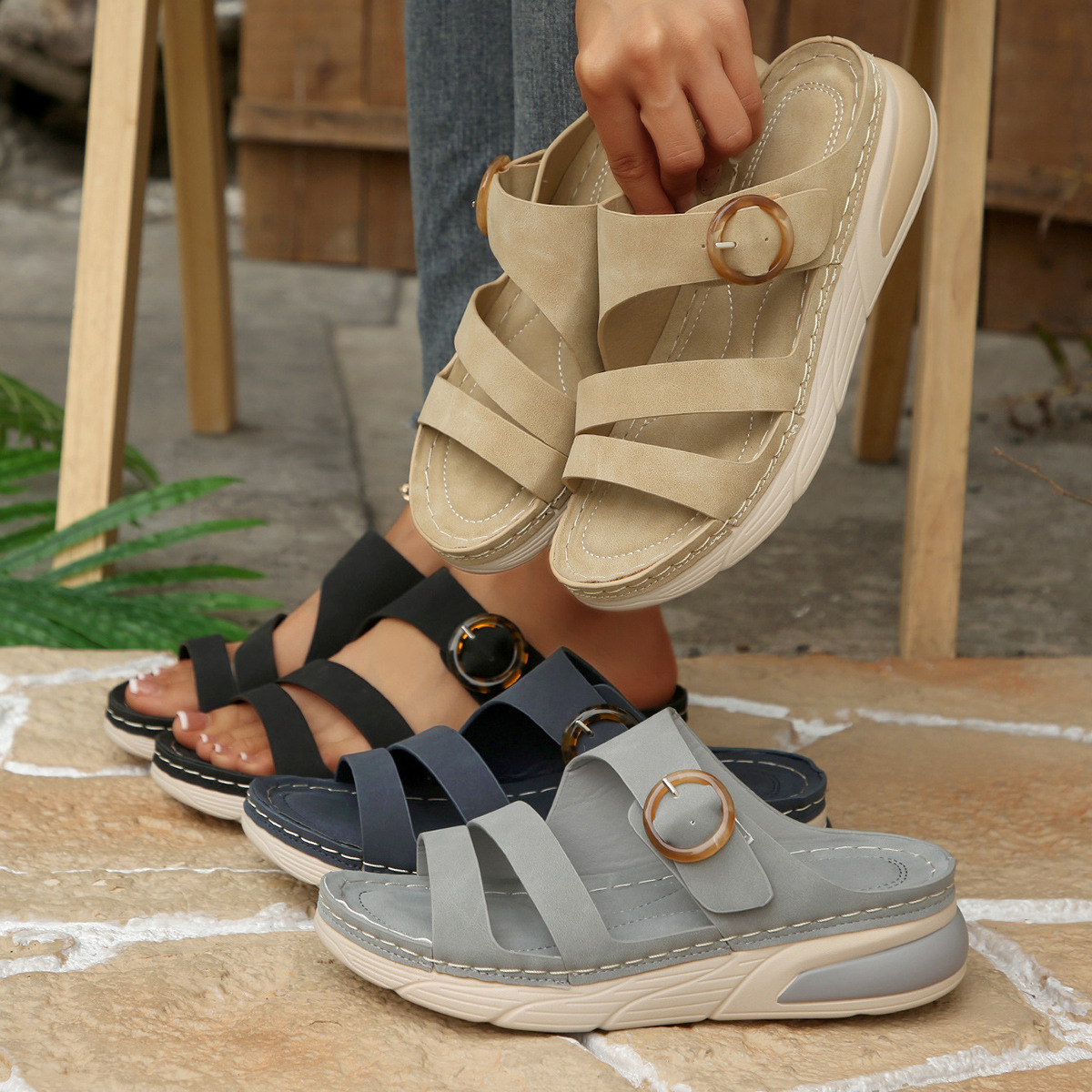 New Foreign Trade Thick-Soled Flat Casual Sports-Style Fashion Slippers for Women, Solid Color Open-Toe Slippers, Large Size