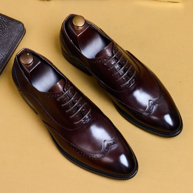 Dress Leather Shoes Men's Genuine Leather British Carved Brock Men's Business Dress Pointed Oxford Shoes