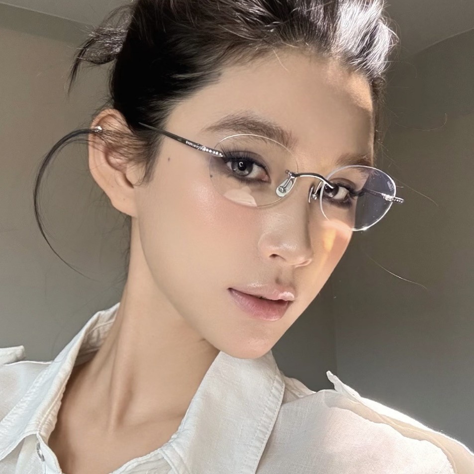 Guo Yuxin's Same Style Small Ice Mirror Titanium Frameless Glasses Fakem-Mary Oval Shape Can Be Customized for Men and Women with Nearsightedness 0651