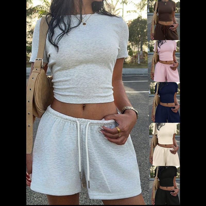 2026 Cross-Border European and American Shein New Women's Casual Slim-Fit Waist-Cinching Short-Sleeve Top and Drawstring Shorts Set