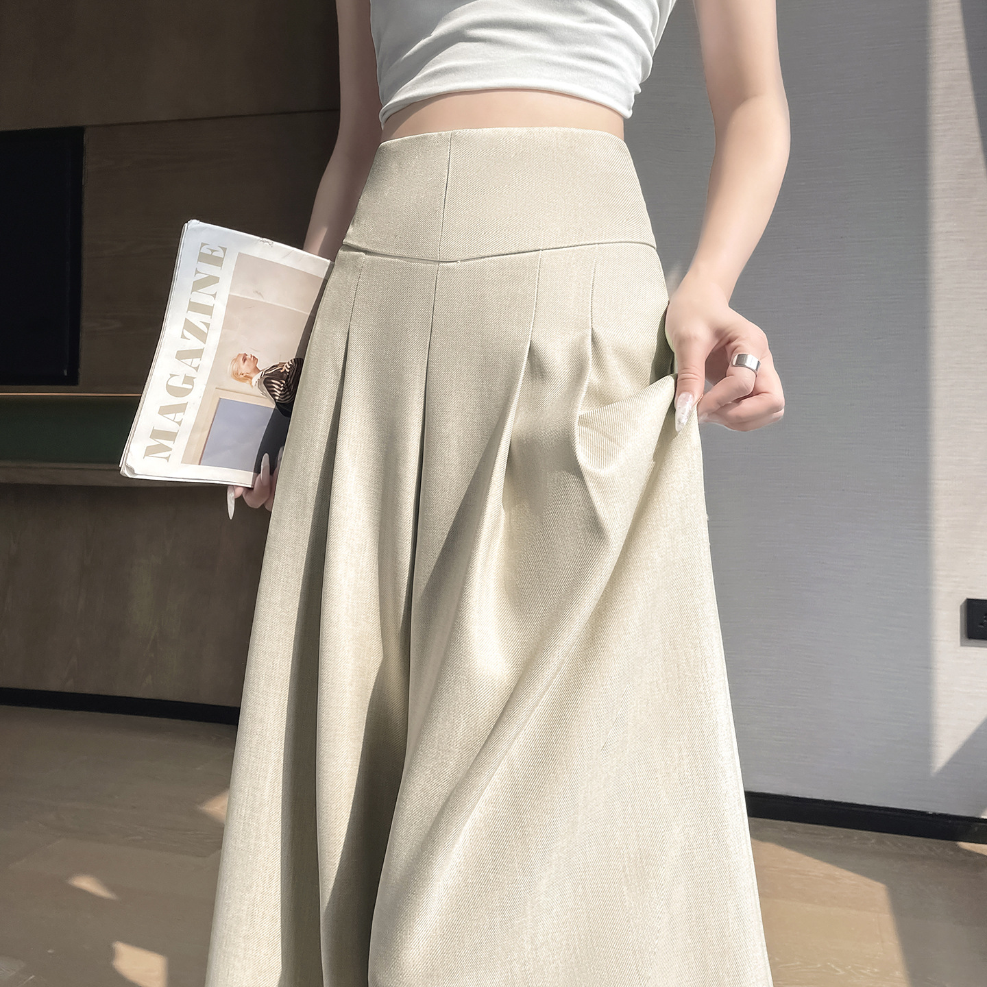 High-Waisted Tummy Control Pleated Suit Pants Cotton-Linen Wide-Leg Pants for Women 2026 Summer Drapey Slimming A-Line Floor-Length Pants Skirt