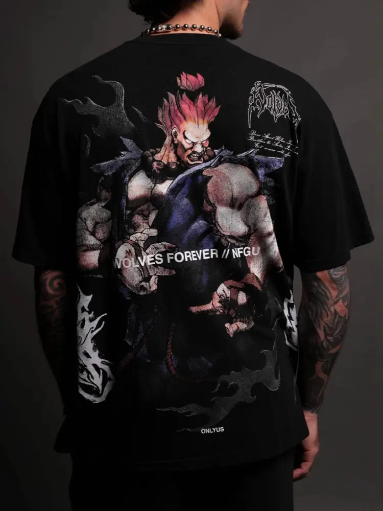 Darcsport American Wolf Street Fighter Series Hip Hop Large Loose Small Collar Fitness Men's and Women's Short sleeved T-shirt