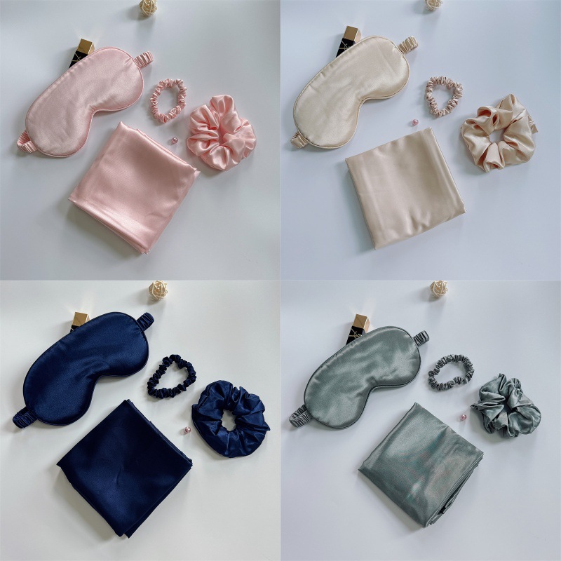 Imitation Silk Eye Pillowcase Fashionable Simple Hair Band Hair Band Silk Travel Four-piece Set Eye Large Intestine Fine Hair Band in stock